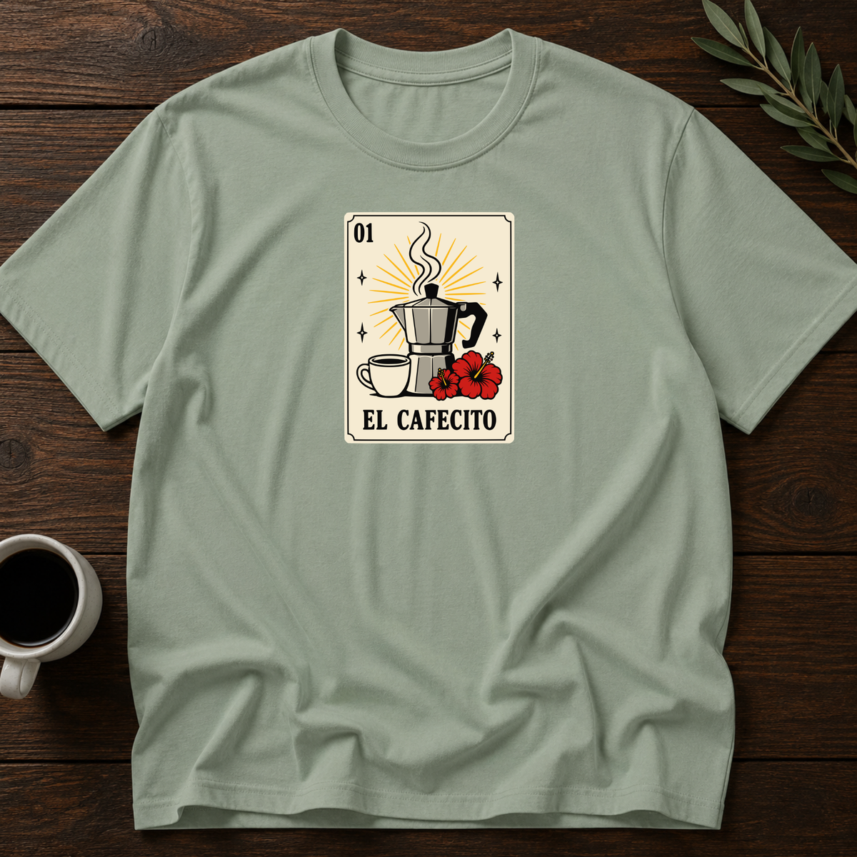 Cafecito Card T-Shirt – Sage – Wear Your Heart