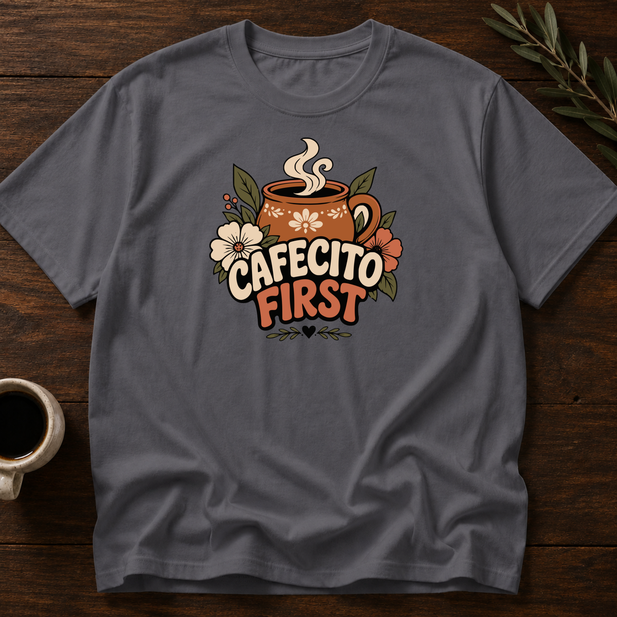 Cafecito First T-Shirt – Dark Heather Gray – Wear Your Heart