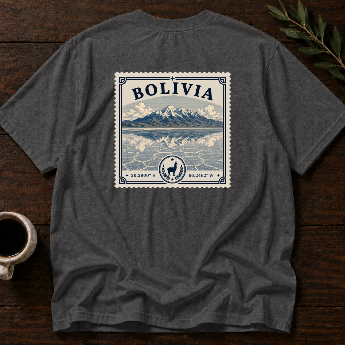Bolivia Heritage Stamp T-Shirt – Dark Heather Grey Back – Wear Your Heart