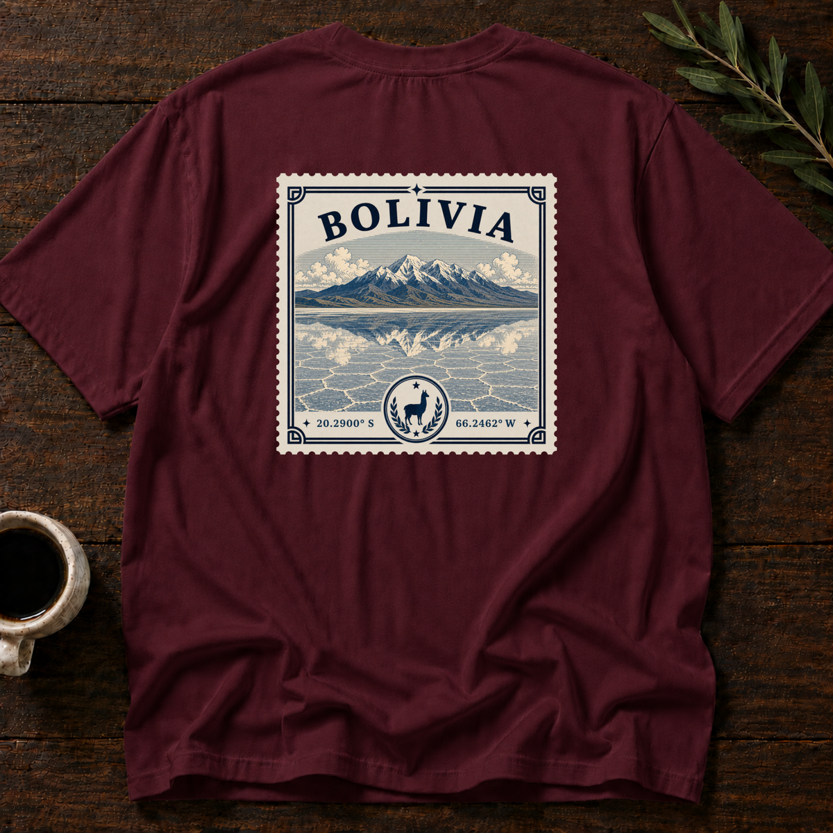 Bolivia Heritage Stamp T-Shirt – Maroon Back – Wear Your Heart