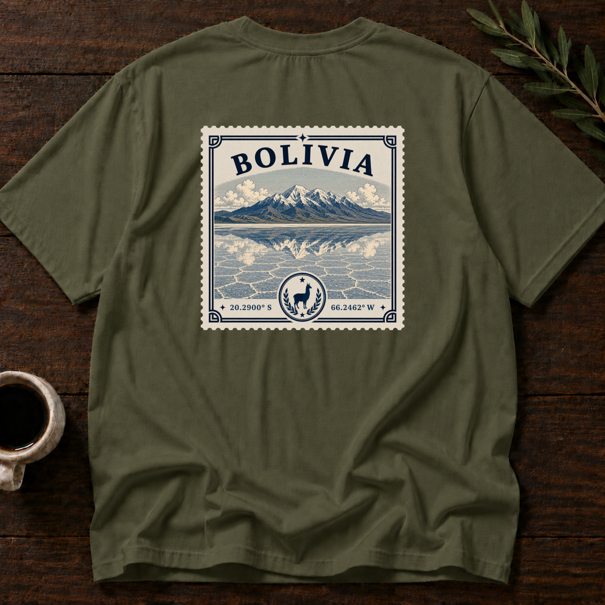 Bolivia Heritage Stamp T-Shirt – Military Green Back – Wear Your Heart