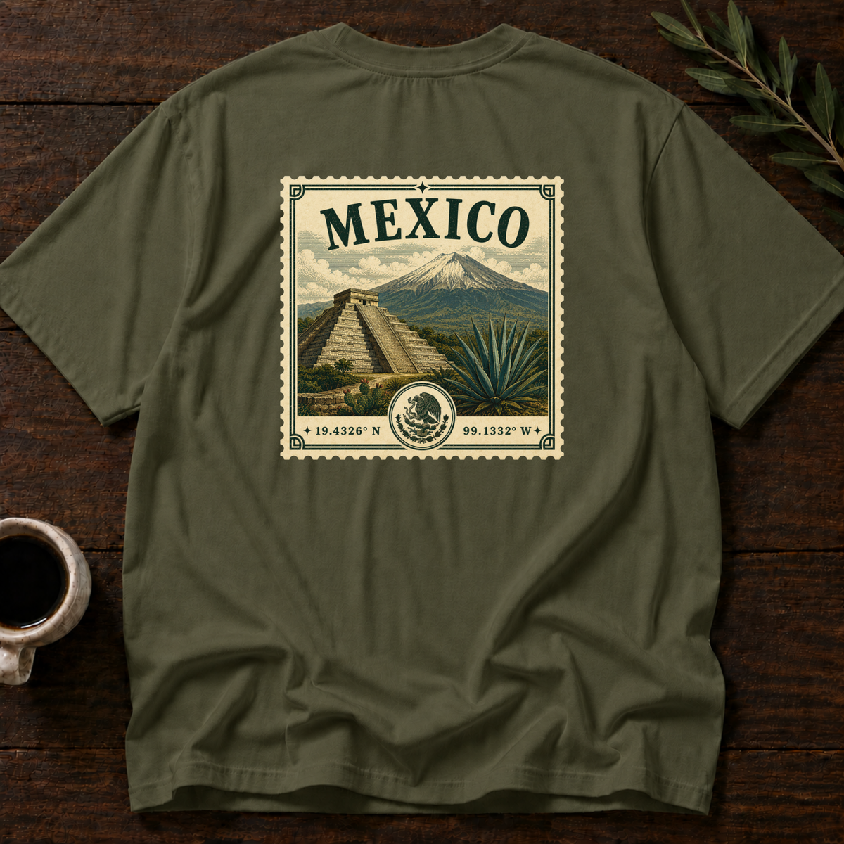 México Heritage Stamp T-Shirt – Military Green Back – Wear Your Heart
